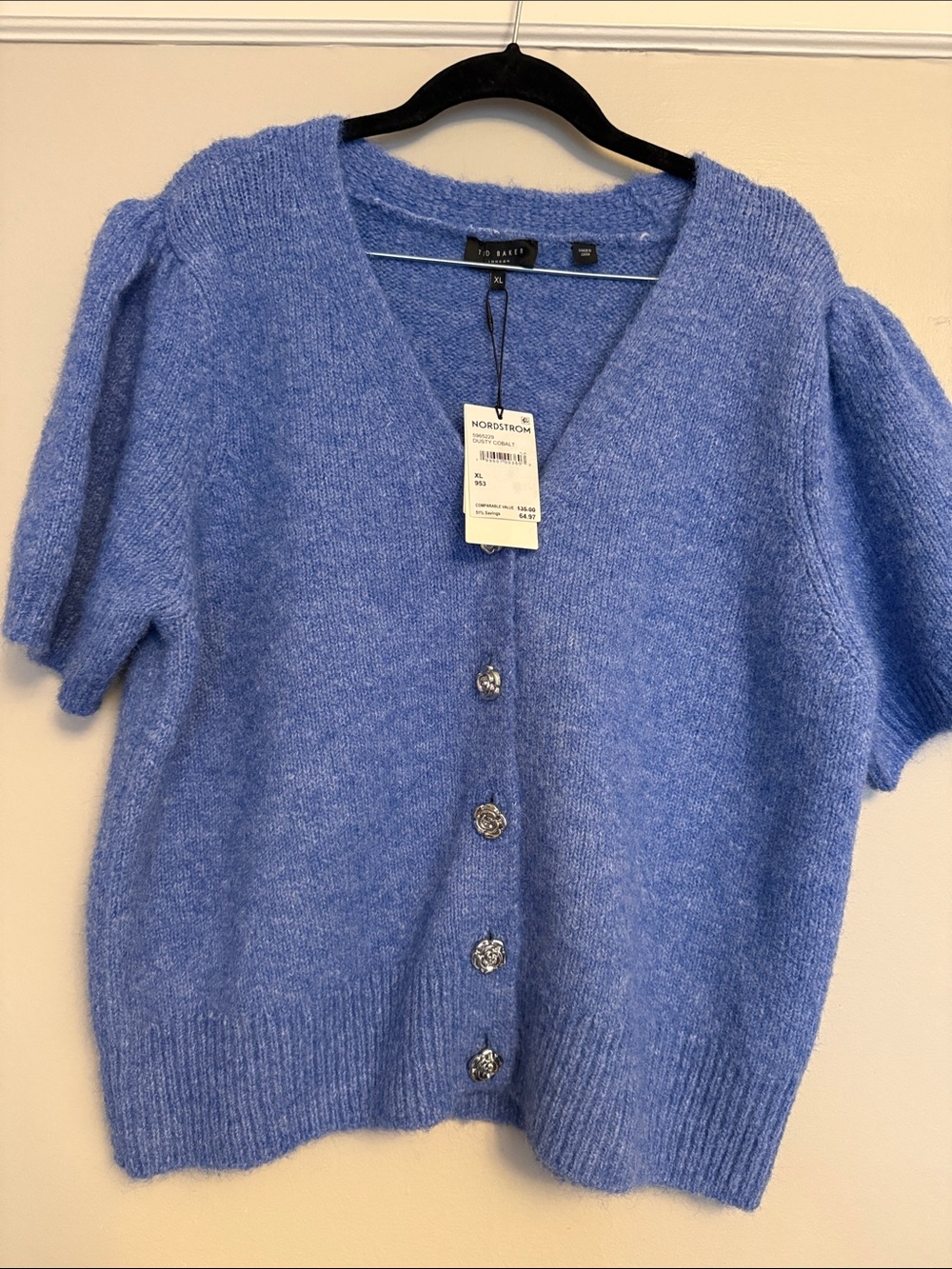 Ted Baker London Peri Blue Short Sleeve V-Neck Button Cardigan
